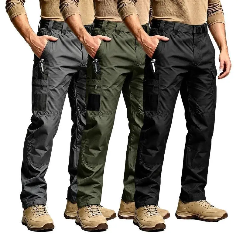 Men's Solid Color Waterproof Tactical Work Pants - 3-Piece Set, Belt-Free, Multi-Pocket, Durable Outdoor Hiking & Casual Pants (Regular Fit)hiking pants、trekking pants、hiking trousers、trail pants、outdoor hiking pants、technical hiking pants