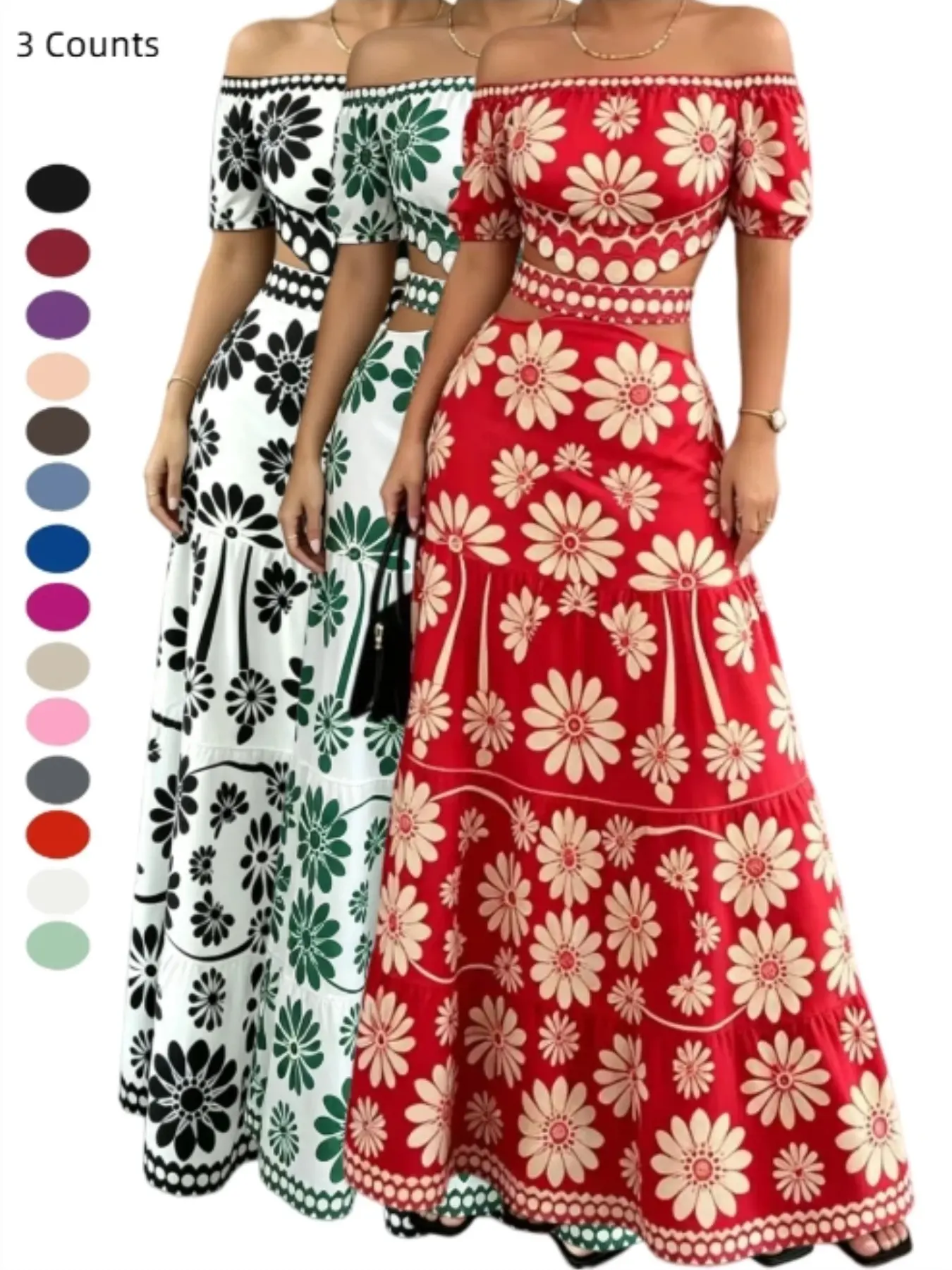 Women's 1/3 Piece Puff Sleeve Daisy Floral Print Feminine Long Dress, Cutout Waist Tiered Flowy Maxi Dress, Casual Daily Holiday Beach Party Dresses