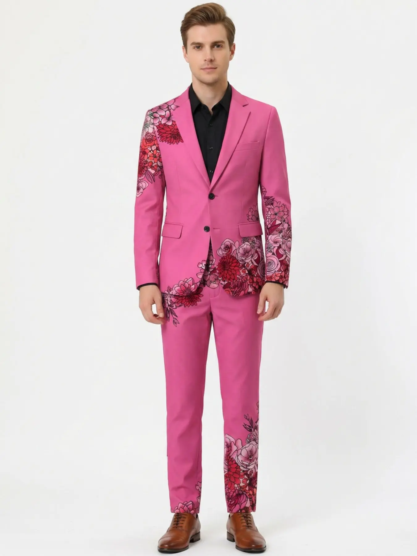 Stylish fuchsia men's two-piece suit with floral print on the side, slim-fit suit and trousers, suitable for weddings, banquets, and parties; trendy and individualistic men's casual suit.