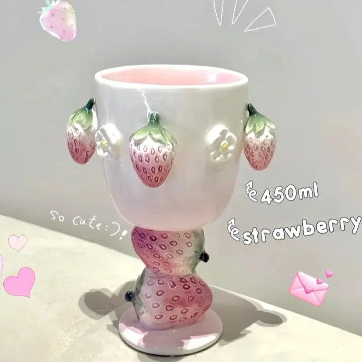 Strawberry-Themed Ceramic Collectible Set - Set Includes Cup, Red Wine Glass, Champagne Glass, Rice Bowl, Spoon - Birthday Gift Ideas, Girlfriend Birthday Gift