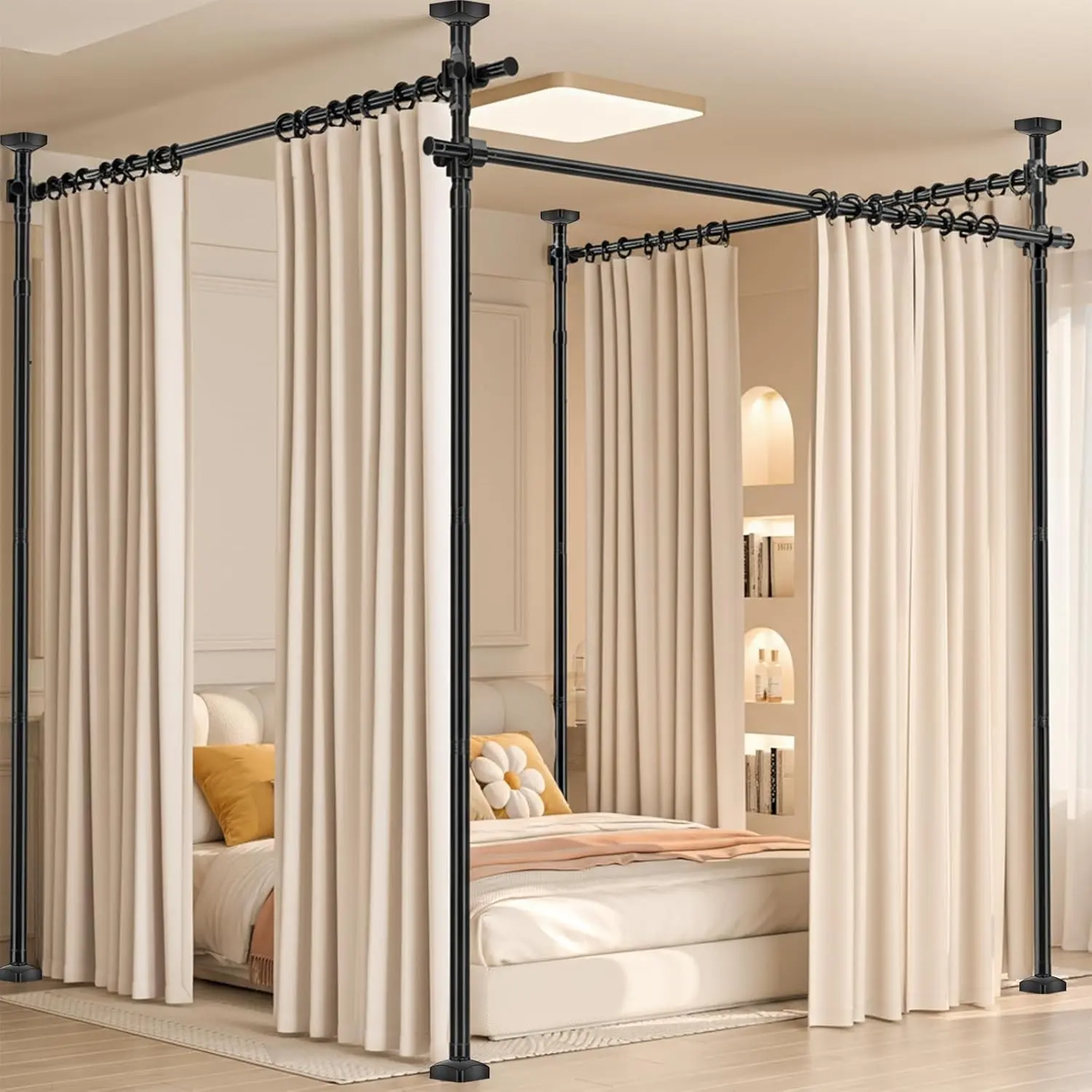Room Divider No Drilling Curtain Rod Wall Divider for Room Separation, 4-10Ft (H) 28-209 Inch (W) Adjustable Temporary Privacy Wall Divider, Heavy Duty Partition Separator Freestanding Tension, Black