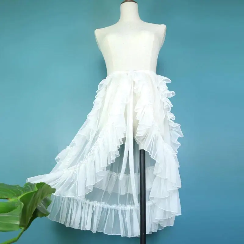 Dophee Luxury Bride Wedding Gauze Overskirts Perspective Asymmetric Ruffles High Waist Lolita Clothes Mid-long Mesh Fairy Skirts