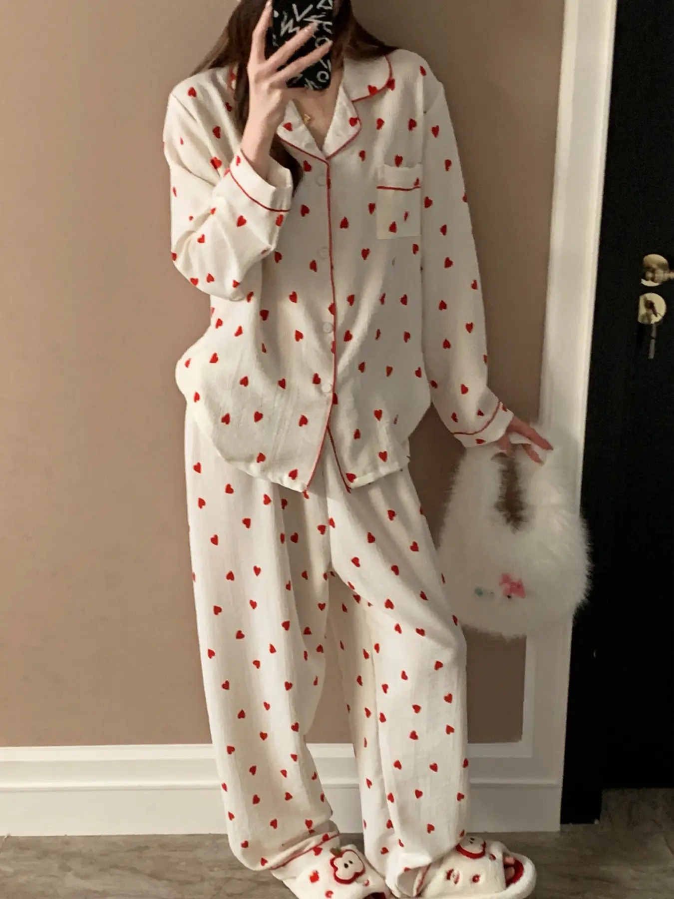 Women's Spring & Fall Long Sleeve Sleepwear Set, Pajama Set, Pjs, Loungewear Pjs, Elegant Loose-Fit Ankle-Length Suit, Plants Pattern, Dot, Casual Home Wear, Casual Pajamas Set