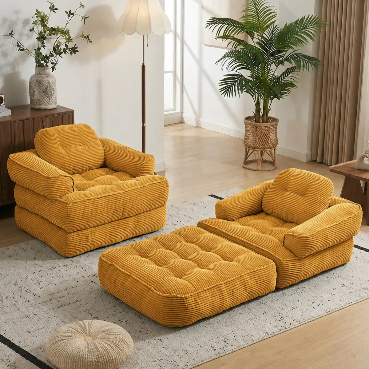 Fahuac 66.9-in Corduroy Convertible Sofa Bed - 2-in-1 Foldable Floor Sofa with Armrest, Pillows, Orange, for Bedroom & Game Room