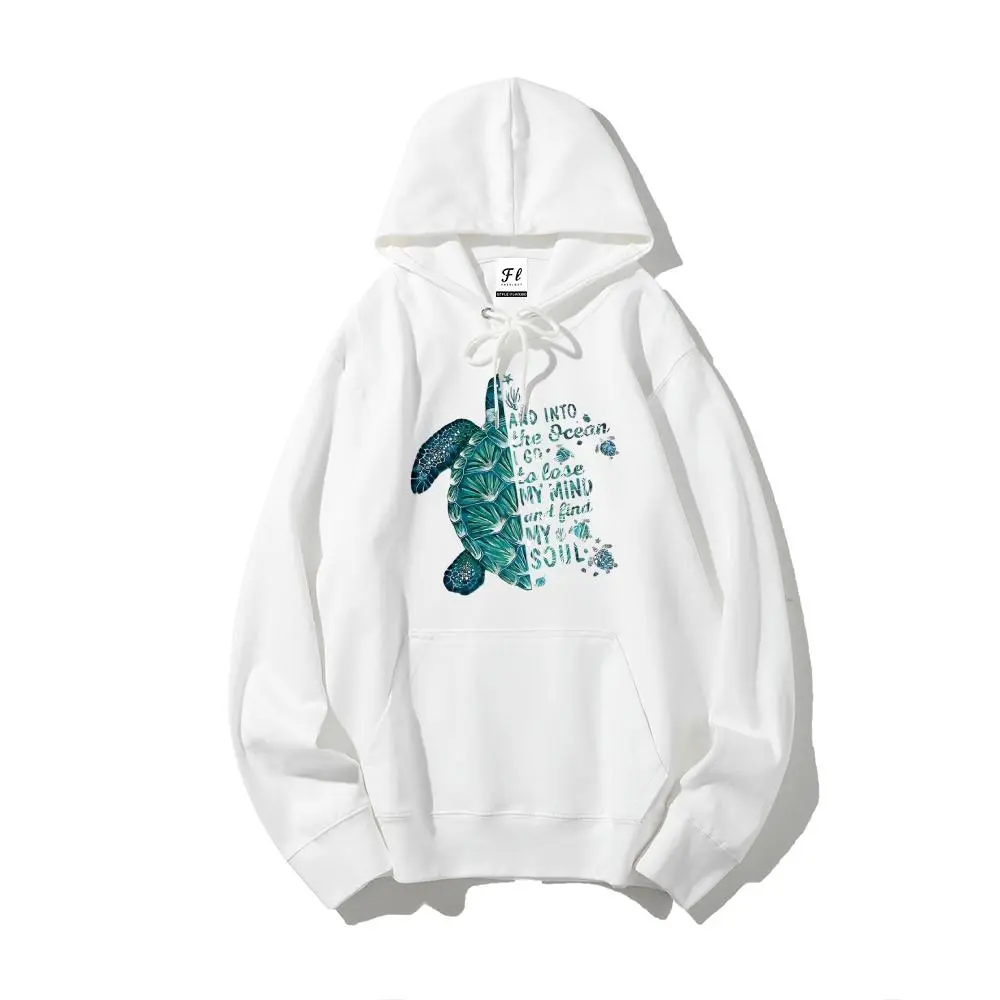Women's Cute Hooded Sweatshirt - Turtle Print Casual White Tops, Women's Clothes, Hoodies & Sweatshirts for Autumn, Back-to-School Season