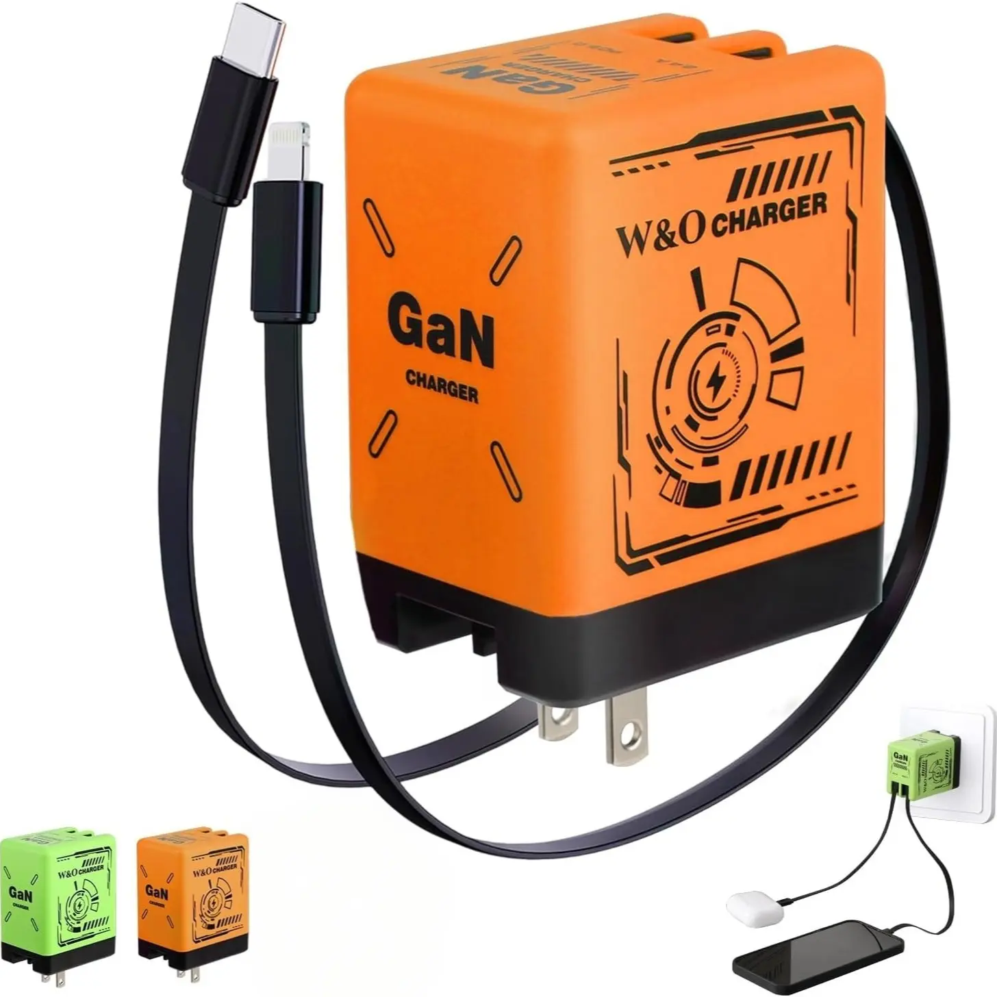 2-In-1 120w Gan Fast Charger, USB-C & Lightning Cables, Compact Travel Charger for iPhone, Samsung, Gaming, Office Use