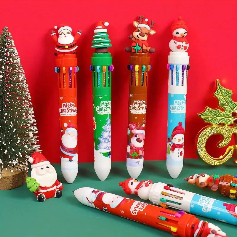 4‑Pcs Cute Cartoon Christmas Multi‑Color Ballpoint Pens, 10‑Color Press Retractable Pens, Fun Weird Novelty Stationery, Ideal Christmas Party Favors & Holiday Gift Supplies