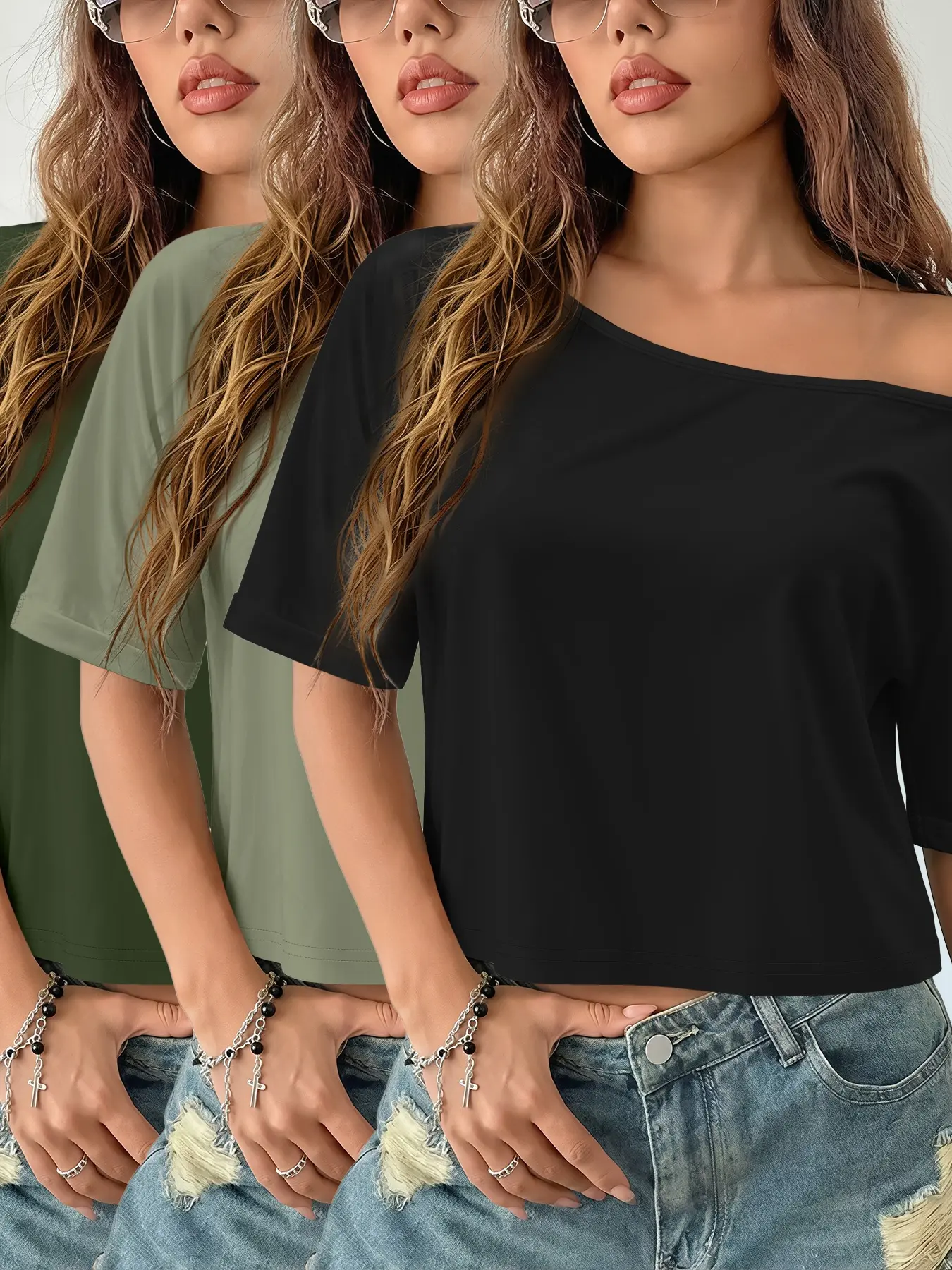 3-Pack Fashionable Basic Casual Women's Off-Shoulder T-Shirt, Solid Color Off-Shoulder Short-Sleeve Top, Fit