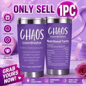 Purple Insulated Stainless Steel Tumbler,20OZ Double Wall Vacuum Travel Cup with'CHAOS coordinator'Quote&Nutritional Facts Design,Thermos Cup with Lid,Reusable Drinking Cup, Coffee, Daily Use Tumbler for Office&Daily Life,Perfect Gift for Colleagues