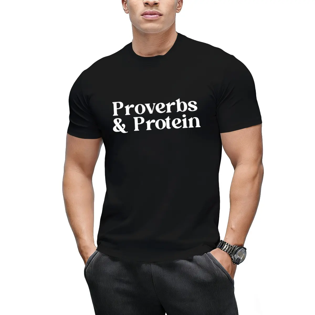 Proverbs & Protein Graphic T-Shirt Christian Fitness Faith Gym Slogan Simple White Letter Short Sleeve Black Casual Tee