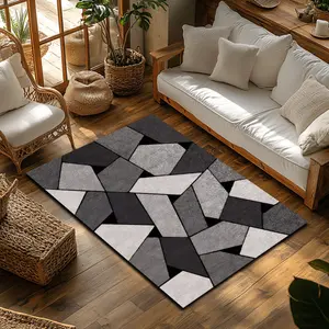 Grayscale Geometric Patchwork Crystal Velvet Modern Area Rug #GeometricPatchworkRug #ShadesOfGreyFloorMat #ModernSplicedCarpet #CrystalVelvetHomeDecor