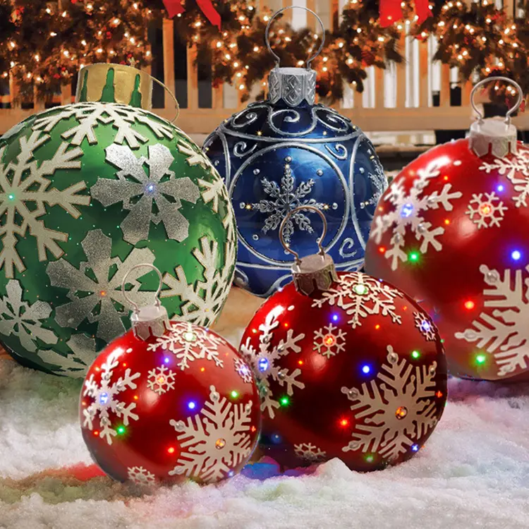 60CM PVC Inflatable Christmas Ornament Ball, Outdoor Festive Decor, Light-Up Xmas Tree Decoration Toy Balloon