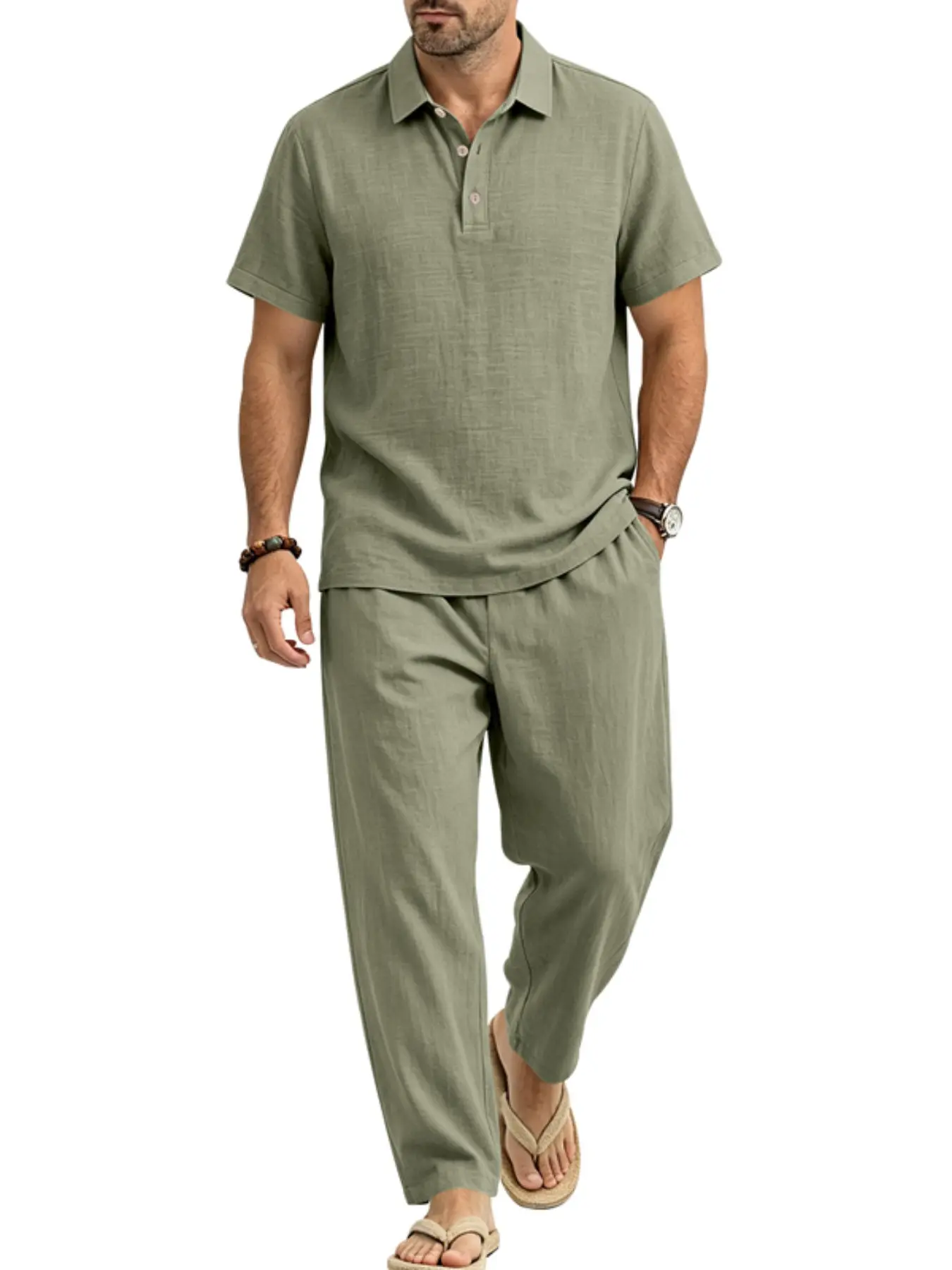 Men's Summer Linen Set, Loose Polo Shirt & Casual Long Pants, Breathable Two-Piece, Comfortable Home & Vacation Wear, European Style