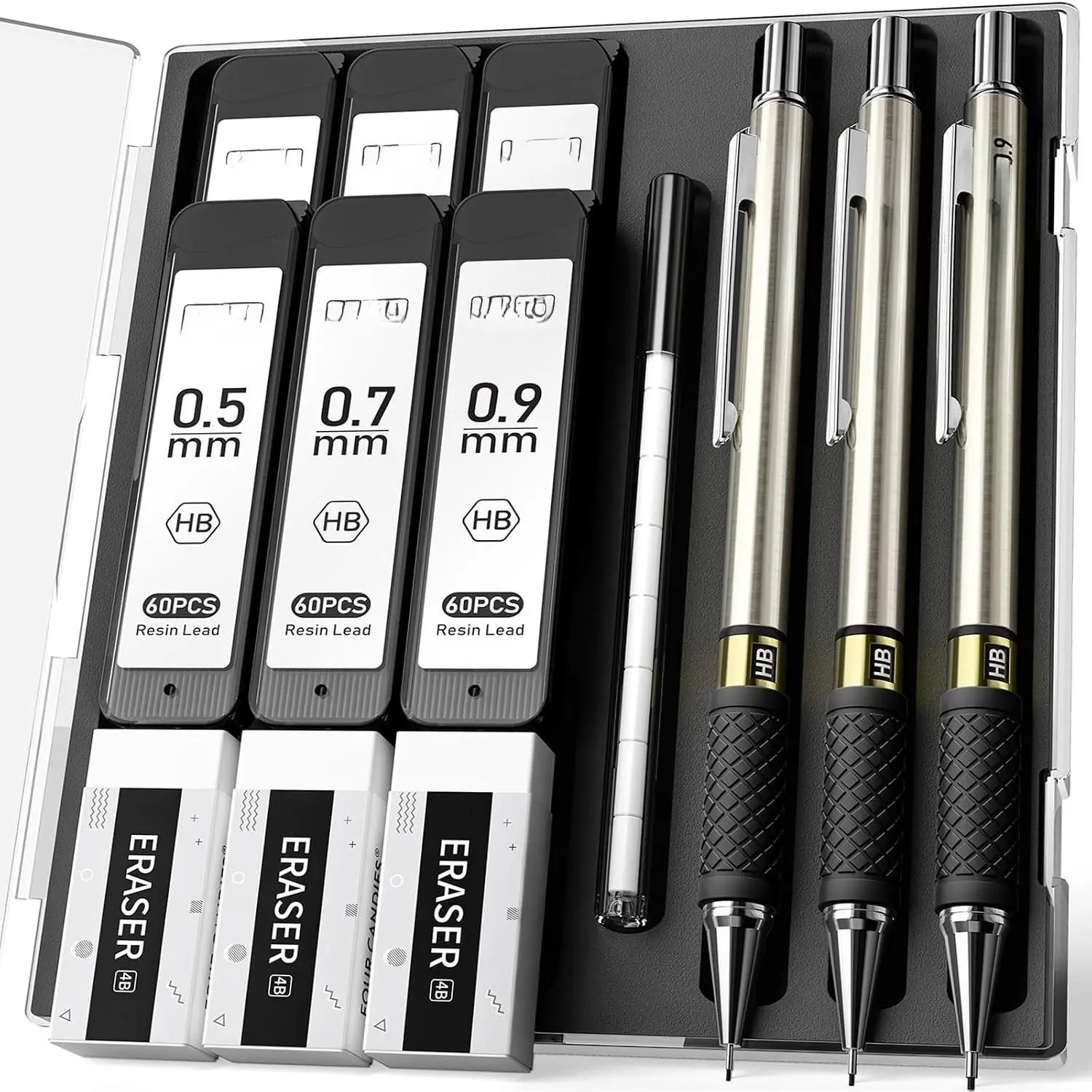 3 count Metal Mechanical Pencil Set with Case, 0.5/0.7/0.9mm, Three Sizes | 360 Leads, 12 Erasers, Non-Slip Grips, For School Writing, Sketching, Art Drawing & Professional Drafting