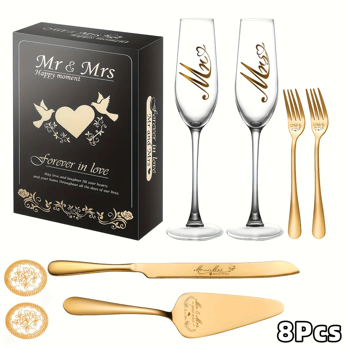 [PABHAN] 8pcs Set Including Wedding Champagne Flutes, Cake Knives, And Coasters, Gold-Plated Cutlery Engraved With "Mr & Mrs, " Presented In An Elegant Gift Box.Engagement/ Wedding Party Supplies, Festive Celebrations, And Wedding Season Supplies