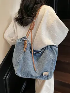 Simple artistic style retro relaxed tote bag, Aesthetic tote, fashionable and casual versatile large capacity textured shoulder bag, drawstring drawstring design, suitable for commuting to and from work, friend gatherings