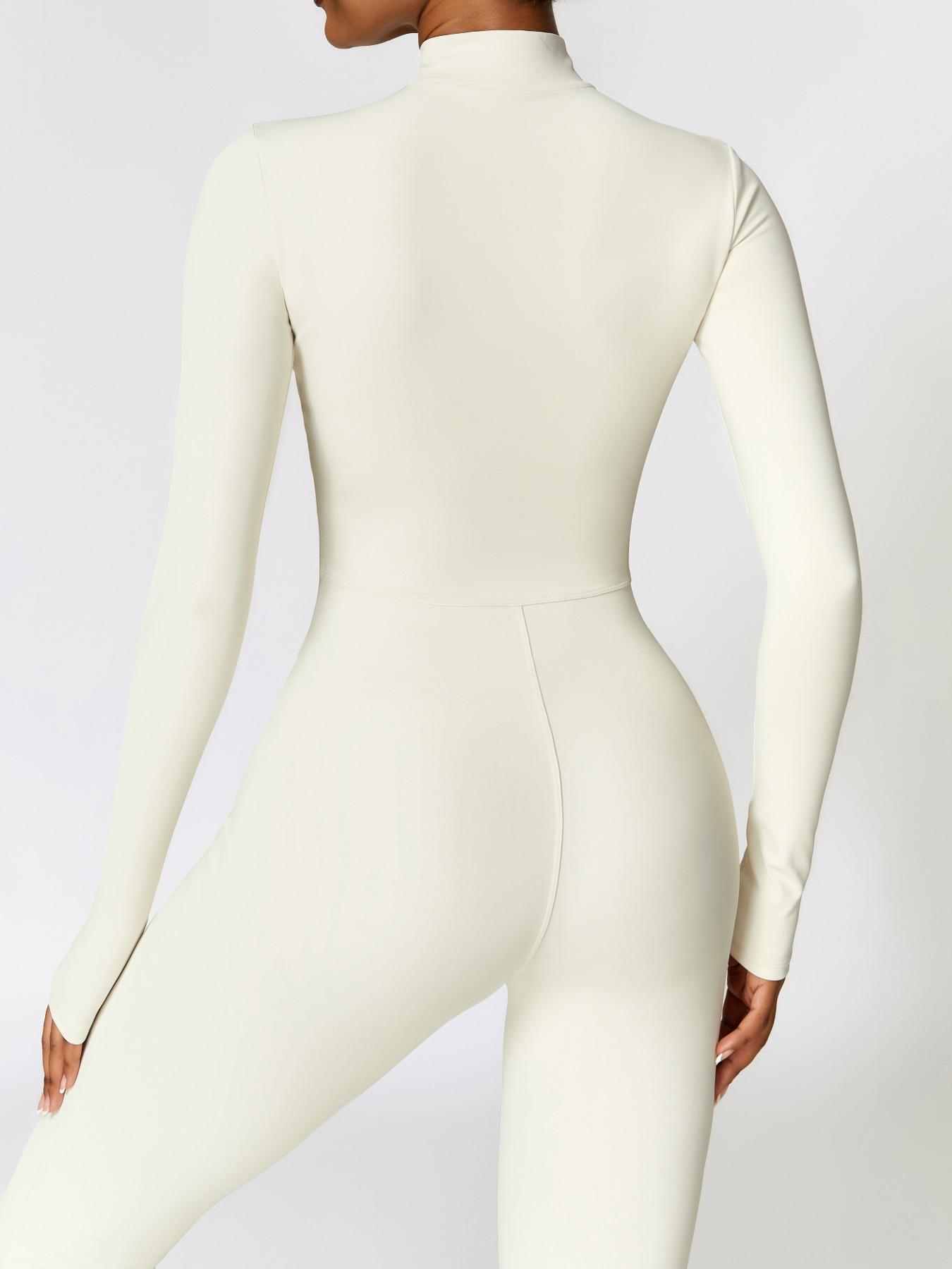 Women's Solid Zip-up Skiing Jumpsuit, Sporty Long Sleeve Onesie for Skiing Cycling, Fall & Winter Ladies Sportswear, Stretchable Activewear, Sporty Comfy Jumpsuit