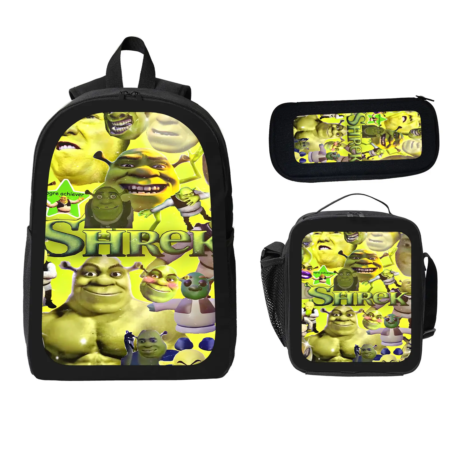 Shrek 3 Pcs School Backpack Set for Boys Girls Kids, Large Capacity Bookbag with Insulated Lunch Bag Pencil Case, Water Resistant Travel Daypack for Elementary Middle School f-74