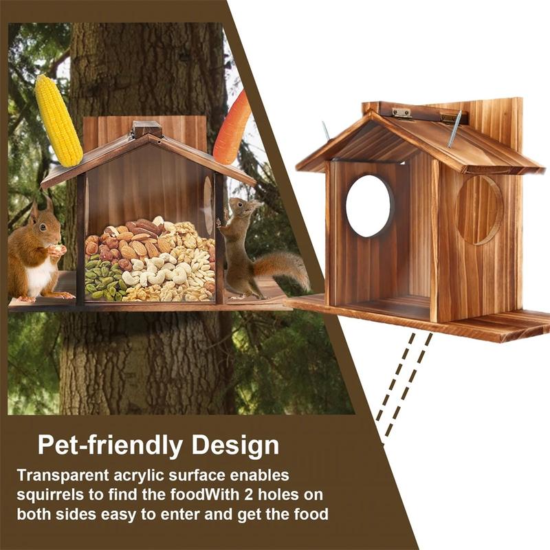 Bingopaw Wood Squirrel Feeder Outside Winter Wooden Chipmunk Feeder Corn Peanuts
