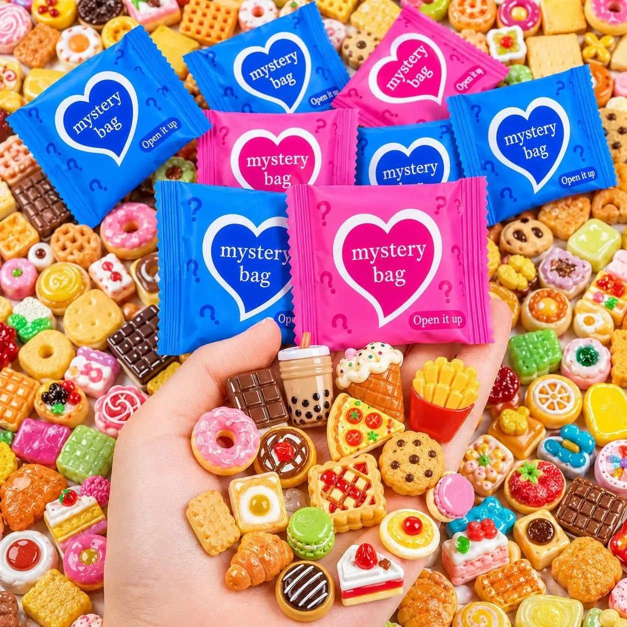 50PCS Mini Resin Food Blind Bags, Tiny Food Charms Set, Mini Resin Figures Bulk Pack, Dollhouse Mini Toys Surprise Set for Kids Party Favors, Mystery Box Classroom Rewards & DIY CraftsGift