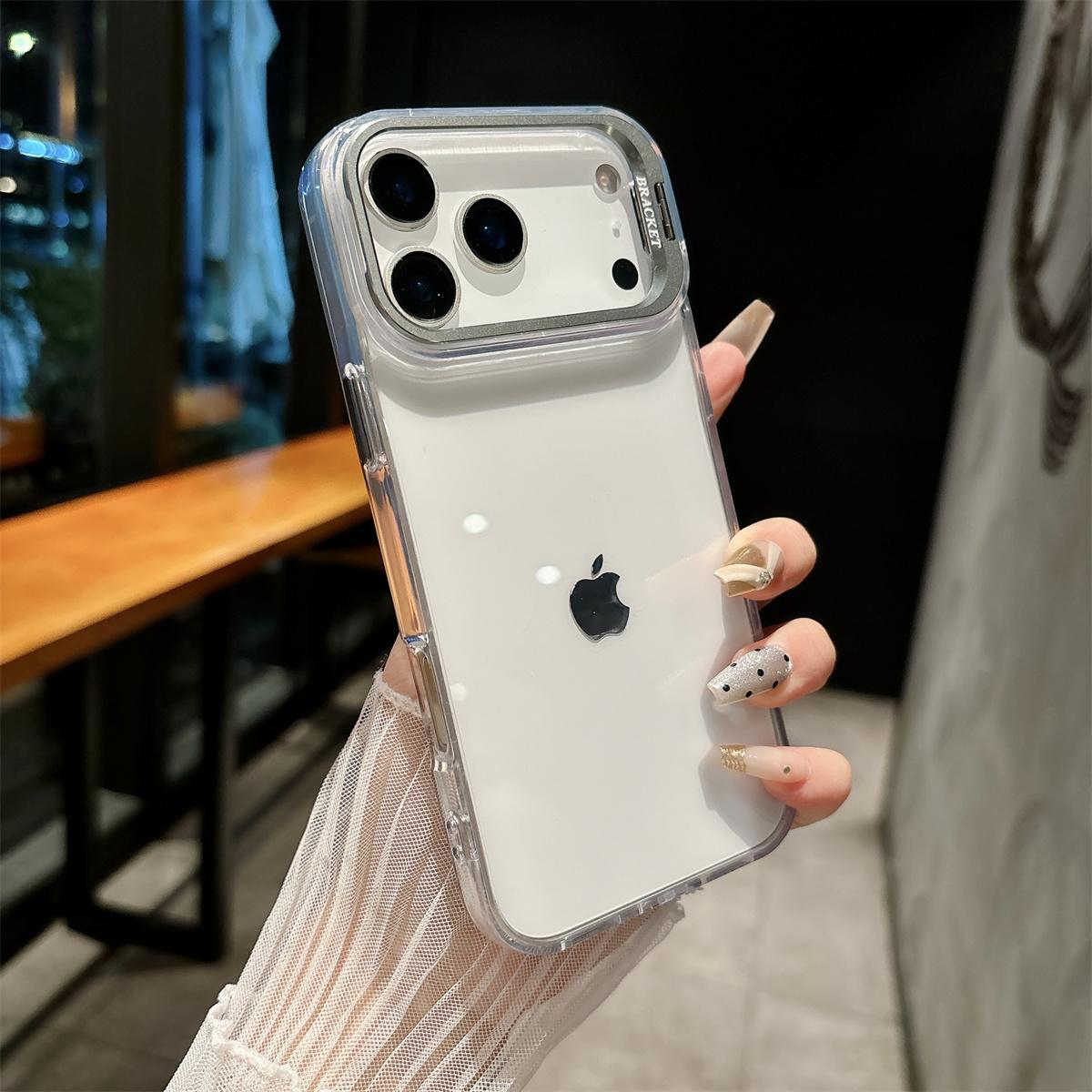 Transparent Hard Shell Phone Case for IPhone 17 Air 16 15 Plus 14 13 12 Pro Max Metal Holder Shockproof Protective Cover