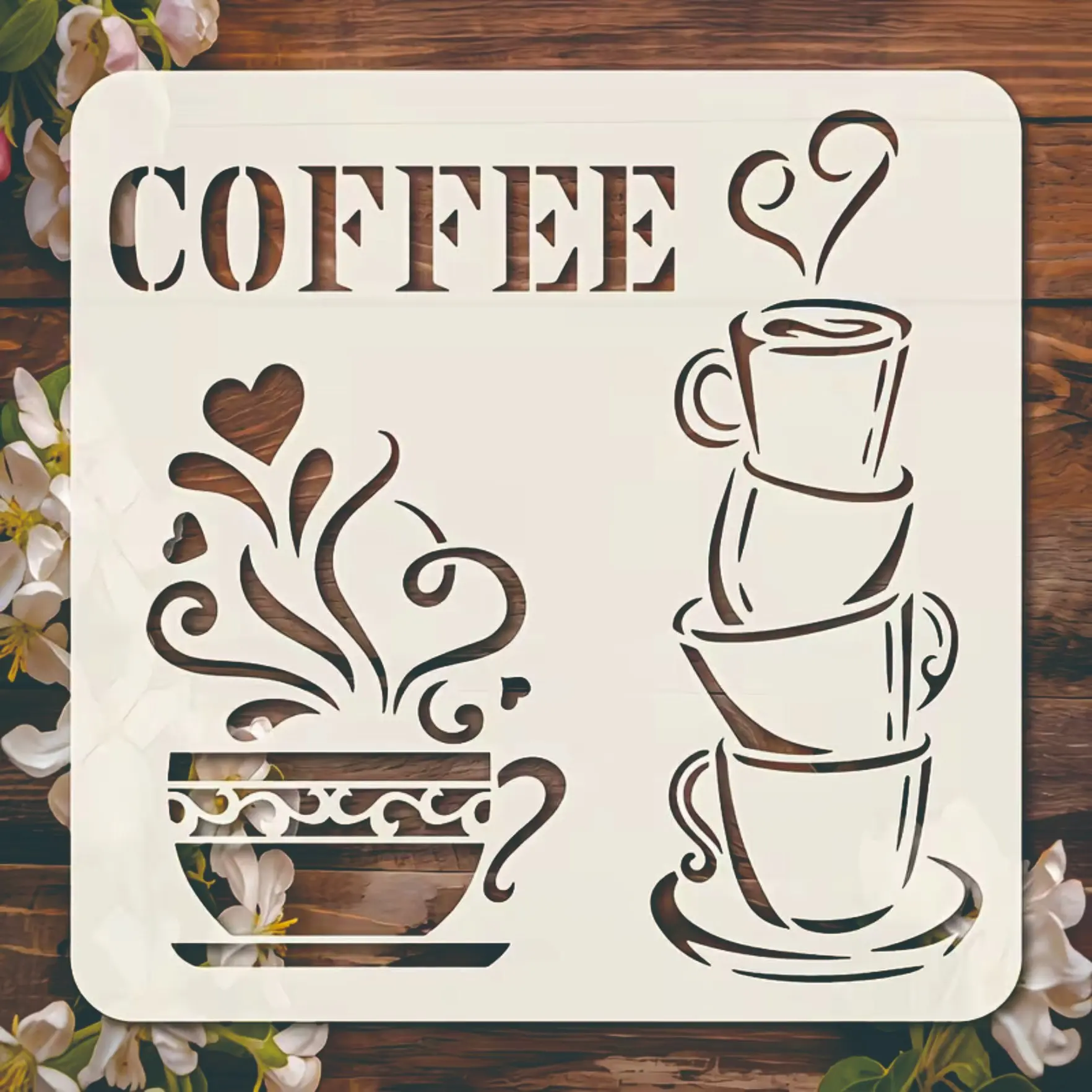 Coffee Pattern Template with Stacked Cups and Heart Design, 5.95x5.9 Inches, Elegant Coffee Theme, Perfect for Various Projects
