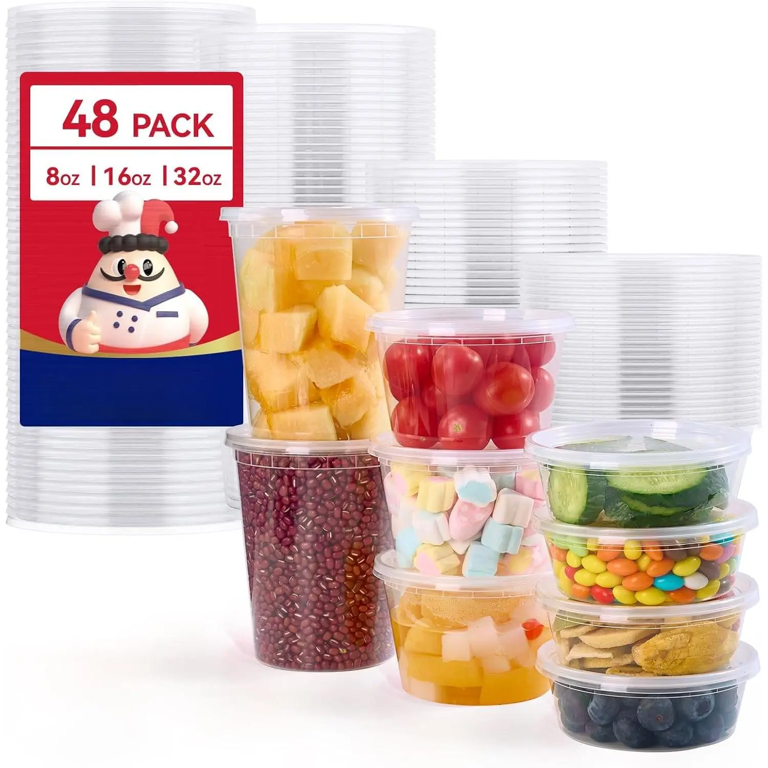Deli  Storage Containers 3 Sizes Plastic Containers with -48 Set | 8 oz, 16 oz, 32 oz Plastic Soup Containers,  Meal Prep Leak proof Containers Microwave Safe for Kitchen