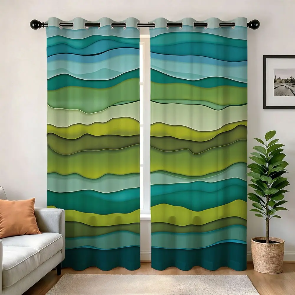 Modern Ombre Green Teal Wave Blackout Curtains, Thermal Insulated,Abstract Water Ripple Print Window Drapes for Living Room Bedroom Home Decor