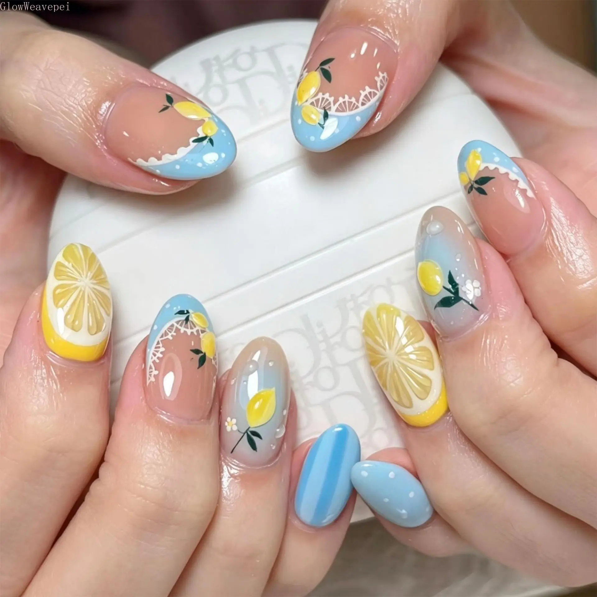 24-Piece Short Almond Press On Nails, Light Blue French Tip with 3D Lemon, White Lace & Waterdrop Details, Cottagecore Summer Nails for Women, Press On Nail Sets
