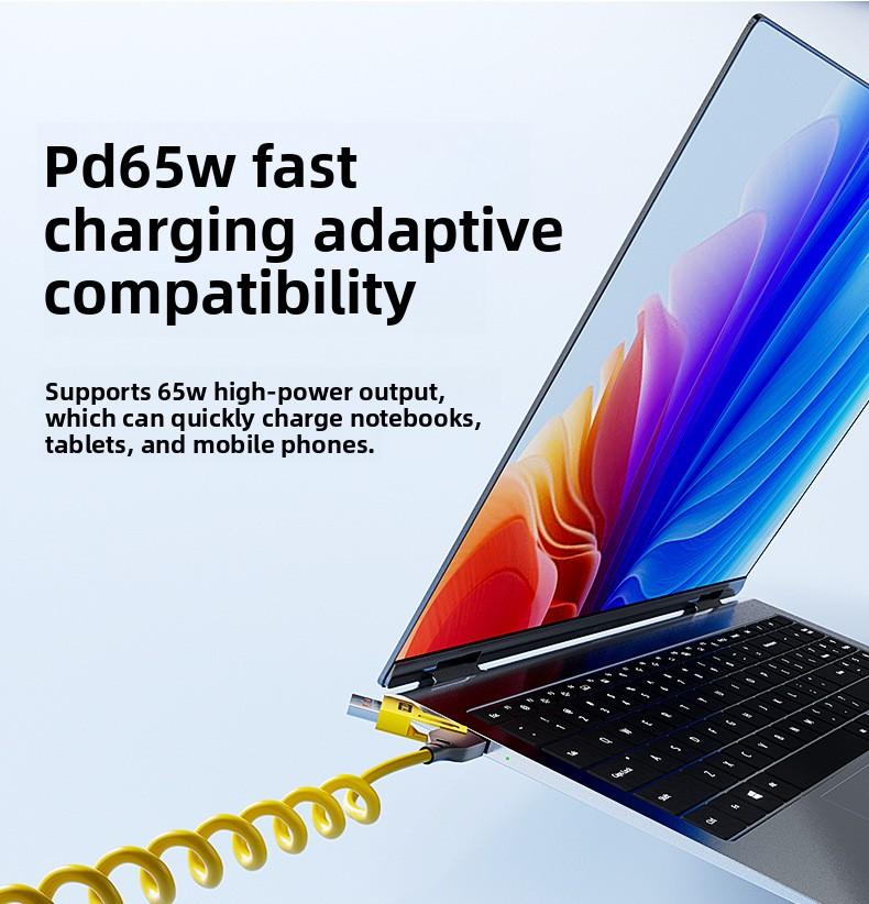 Super fast charging spring cable, 1.5m retractable 100W four-in-one data cable, car charging cable