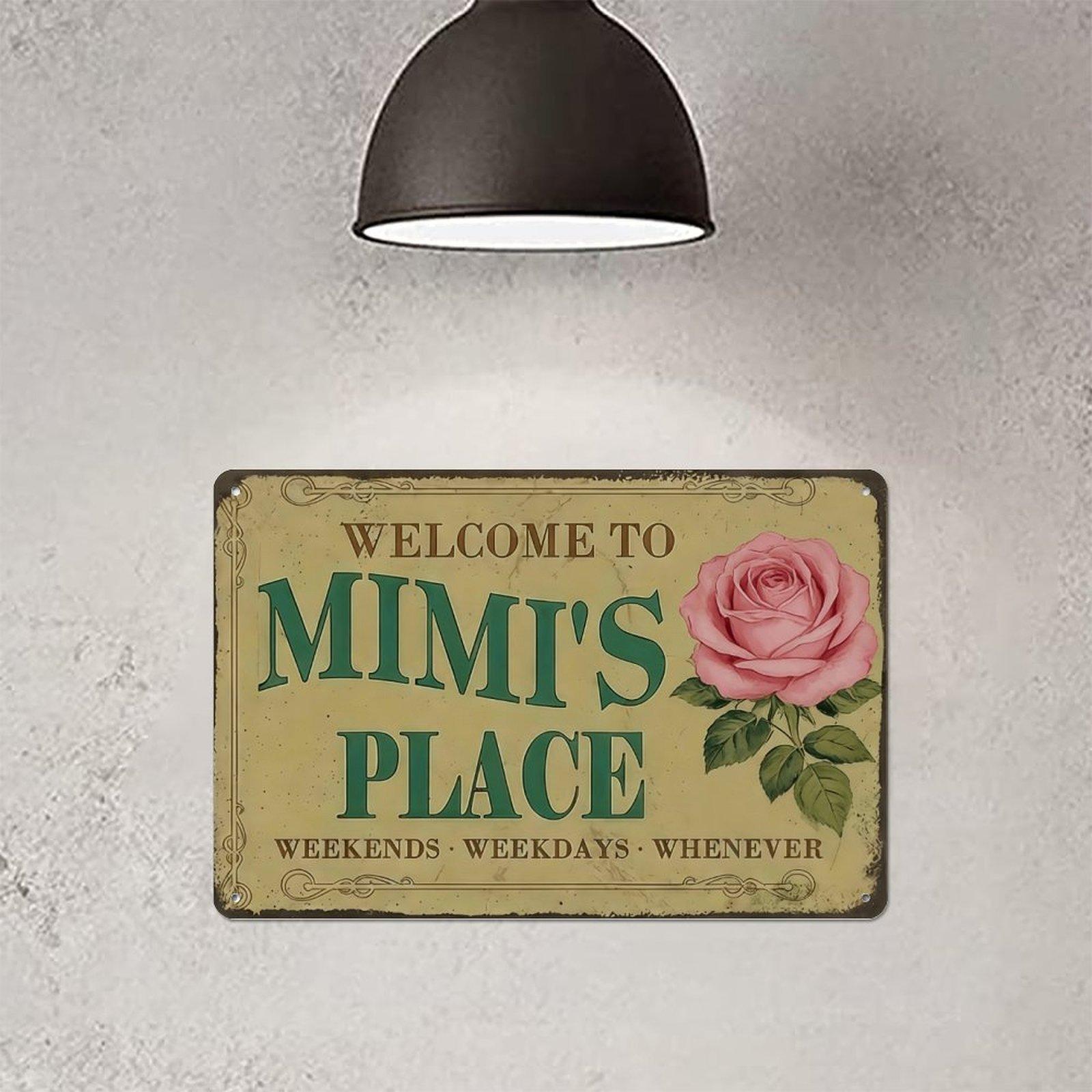2D Flat, Metal Wall Art Sign Hanging Plaque - Mimi'S Place Rose Welcome Funny Wall Decor Retro Metal Sign Poster for Garage Man Cave Bathroom Bedroom Farm Inspirational Popular Wall Art 8x12 Inch Signs Posters
