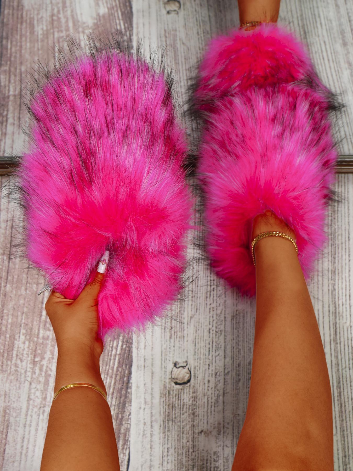 Women's Fashionable Minimalist Fluffy Slide Slippers, Soft Plush Faux Slippers, Fuzzy Warm Slippers, Warm & Cozy Bedroom Slippers for Fall & Winter, Fluffy Home Slippers