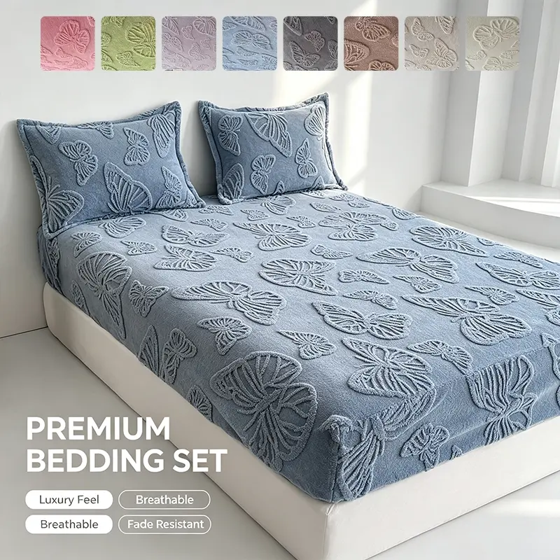 Comfort‑Focused Plush Fitted Sheet Set, Raised Butterfly Jacquard Bed Cover with Pillowcases, Firm Bed Fit, Multi‑Color Choices, Cozy Fall Winter Bedding for Back‑to‑School Students