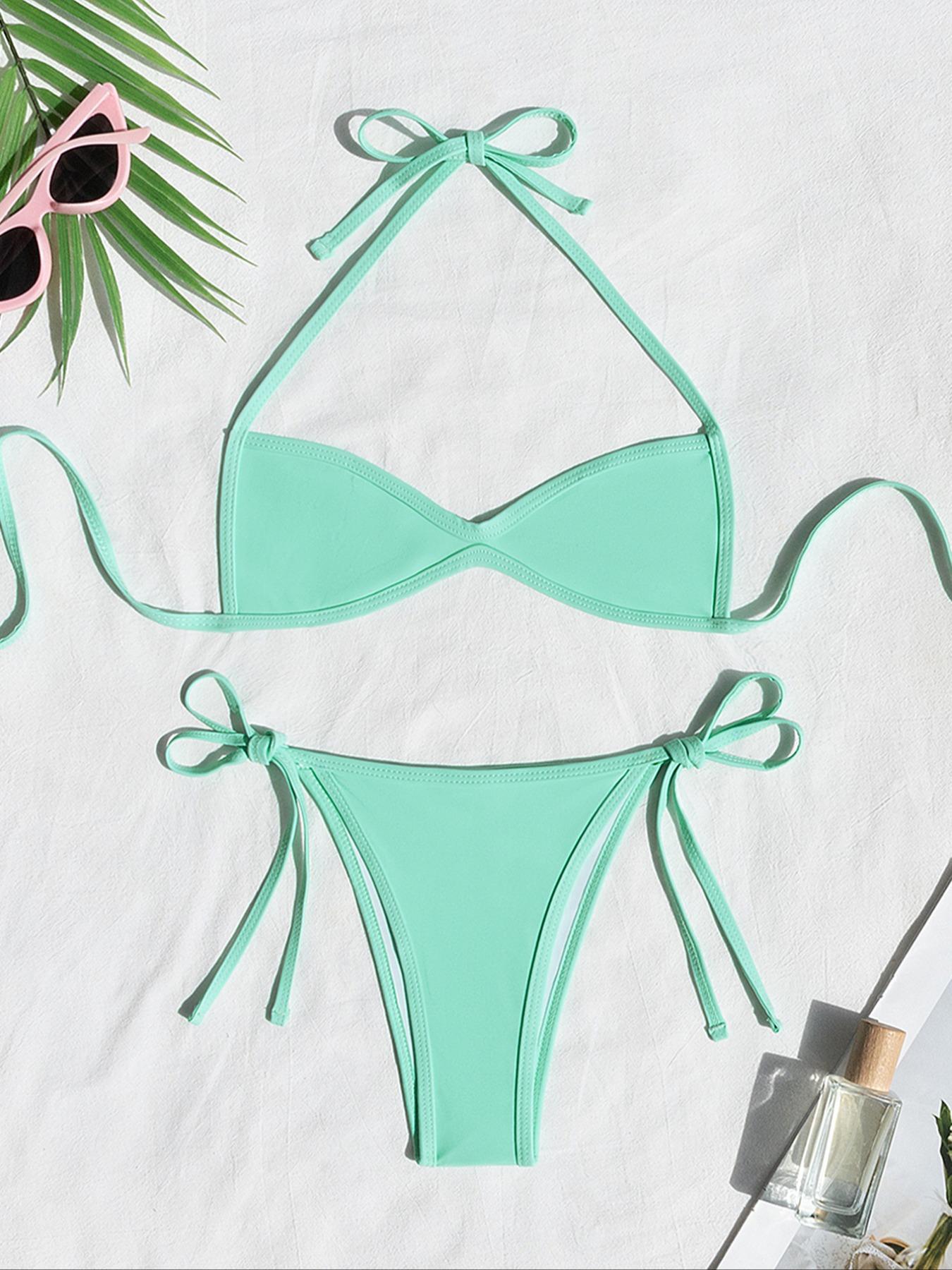Women's Two-piece Plain or Colorblock Bikinis Set for Summer, Halter Tie-Back Bikini Top & Tie-Side High-Cut Bikini Bottom, Ladies Summer Swimwear for Beach Holiday