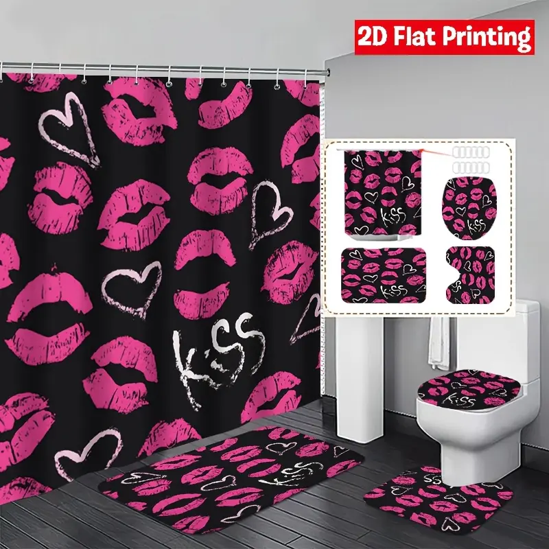 The Valentine's Day Pink Lip and Love 4-piece set includes a boldly patterned shower curtain, two rugs, and a toilet lid, perfect for romantic bathroom decor