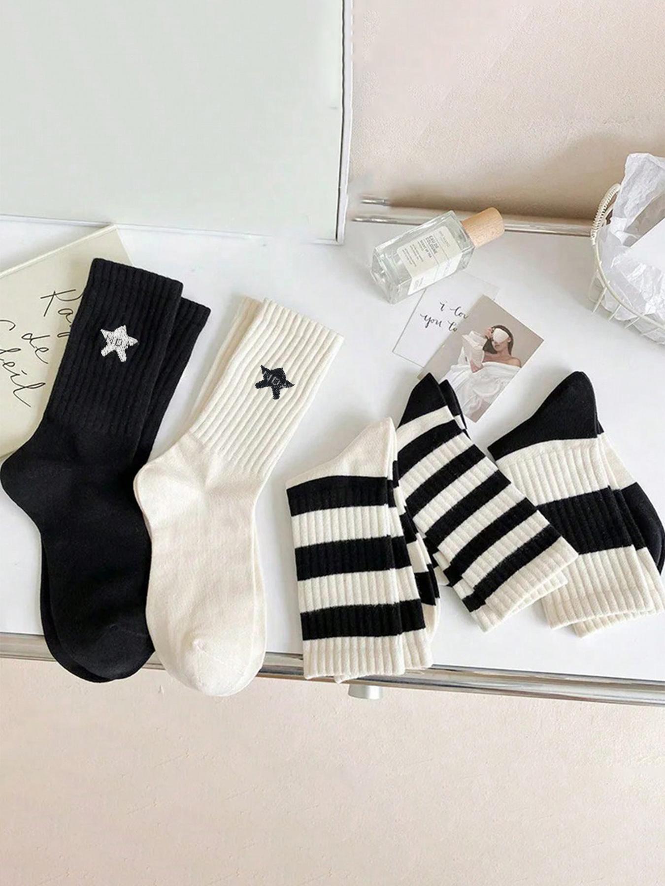 Women's 5 Pairs Colorblock Stripped & Star Print Crew Socks, Sock Set, Casual Moisture Wicking Socks, Soft Comfy Breathable Socks for All Seasons Daily Wear