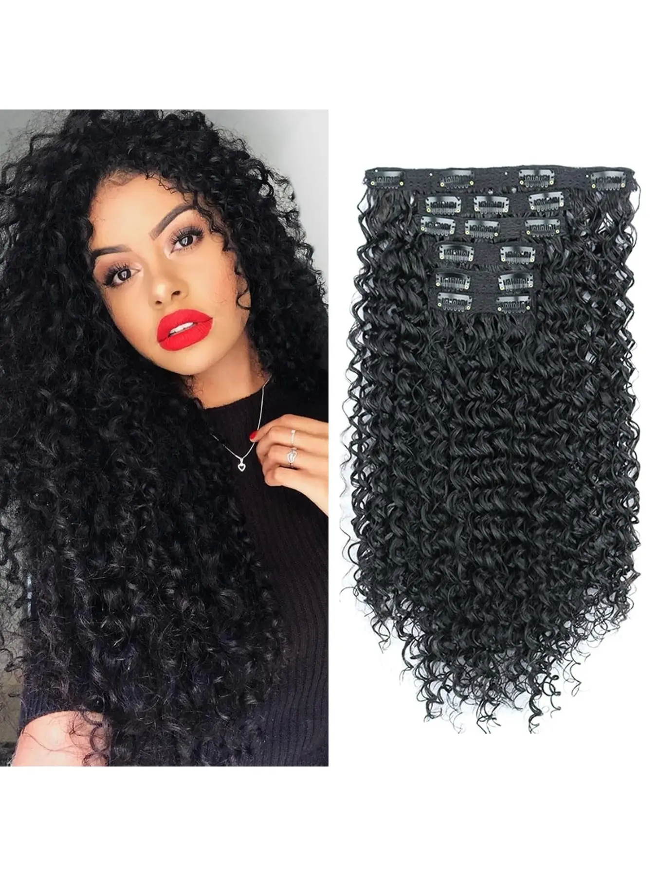 26 Inch Small Curl Clip-In Hair Extensions, Dual Layer Full Head Japanese High-Temperature Fiber, 6-Piece Set for Women, 1b Natural