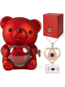 Romantic Teddy Bear with Preserved Rose and Necklace, Real Rose in Elegant Gift Box for Women, Bear Roses Gifts for Valentine's Day,Weddings,Mother's Day,Anniversary,Birthday,Christmas,