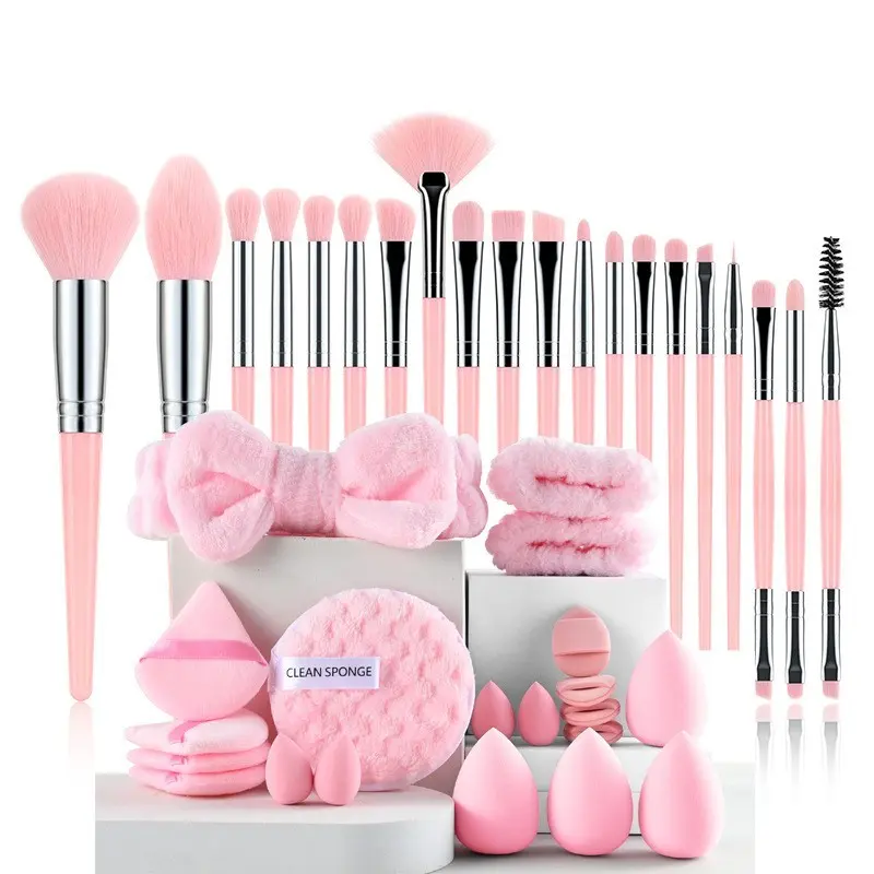 Makeup Brush Set, Includes Beauty Sponge, Powder Puff, Bow Headband, Silicone Finger Puff, Professional Cosmetics Brushes, Gift Set for Women