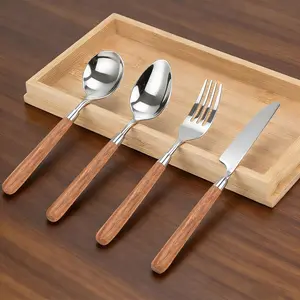 4 count Cutlery Set, 304 Stainless Steel Kitchen Silverware  Fork Spoon with Wooden Handle Heavy Duty Flatware 4- Set (4)