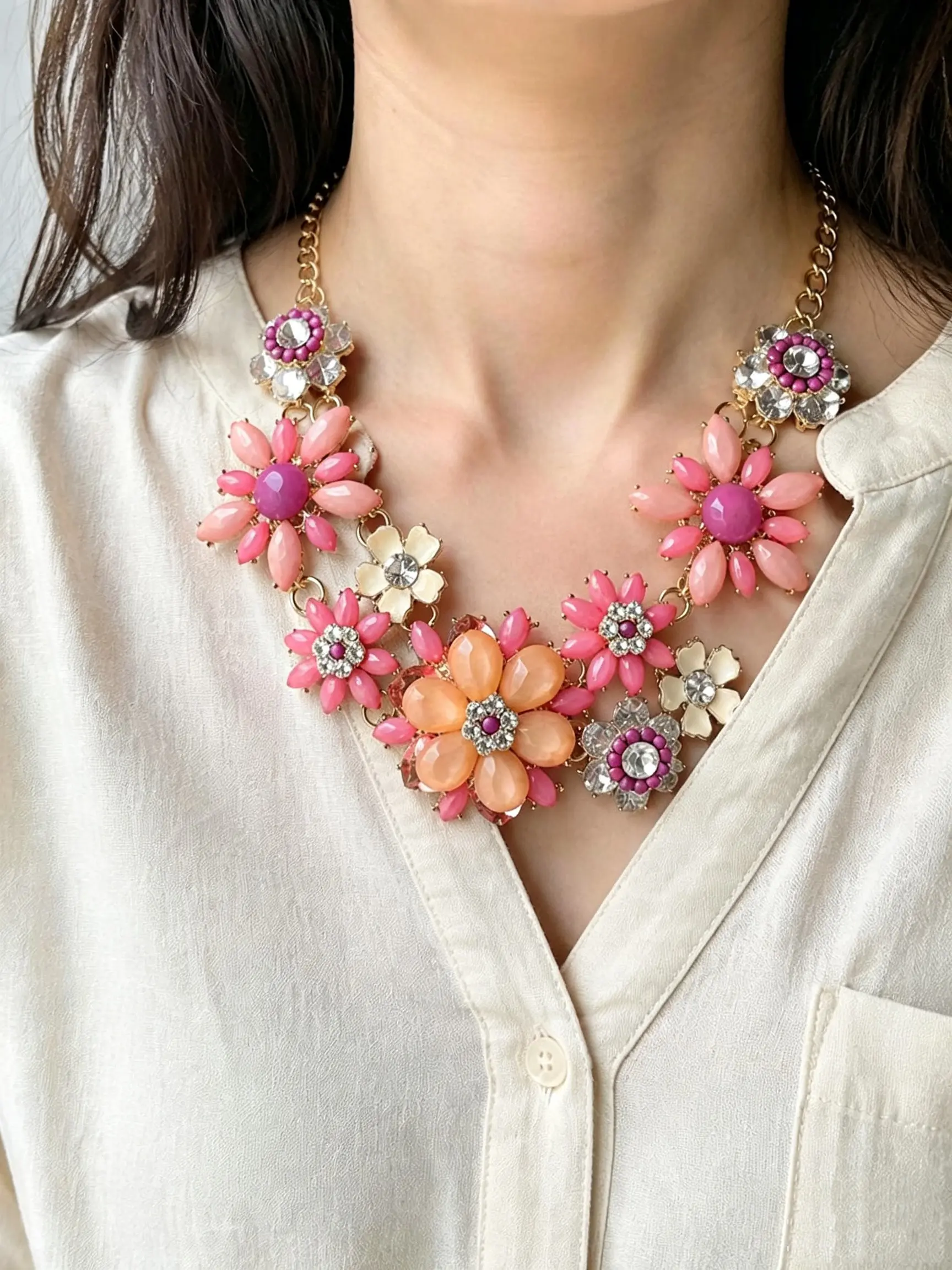 Statement Floral Bib Necklace, Pink Orange Enamel Flower Choker, Rhinestone Crystal Party Jewelry, Bold Oversized Floral Collar Necklace, Wedding Evening Prom Accessory, Eye-catching Cocktail Neckwear, Elegant EU Women Banquet Birthday Gift Accessory