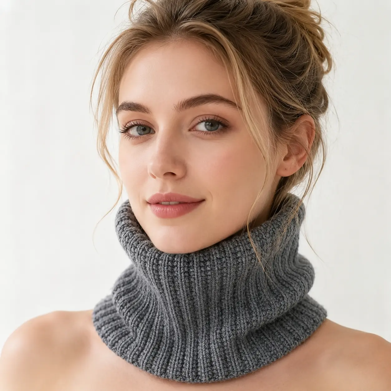 Thick Knitted Neck Warmer for Men's and Women's Daily Wear, Solid Grey or Khaki Pullover Winter Accessory, Plain, Scarf
