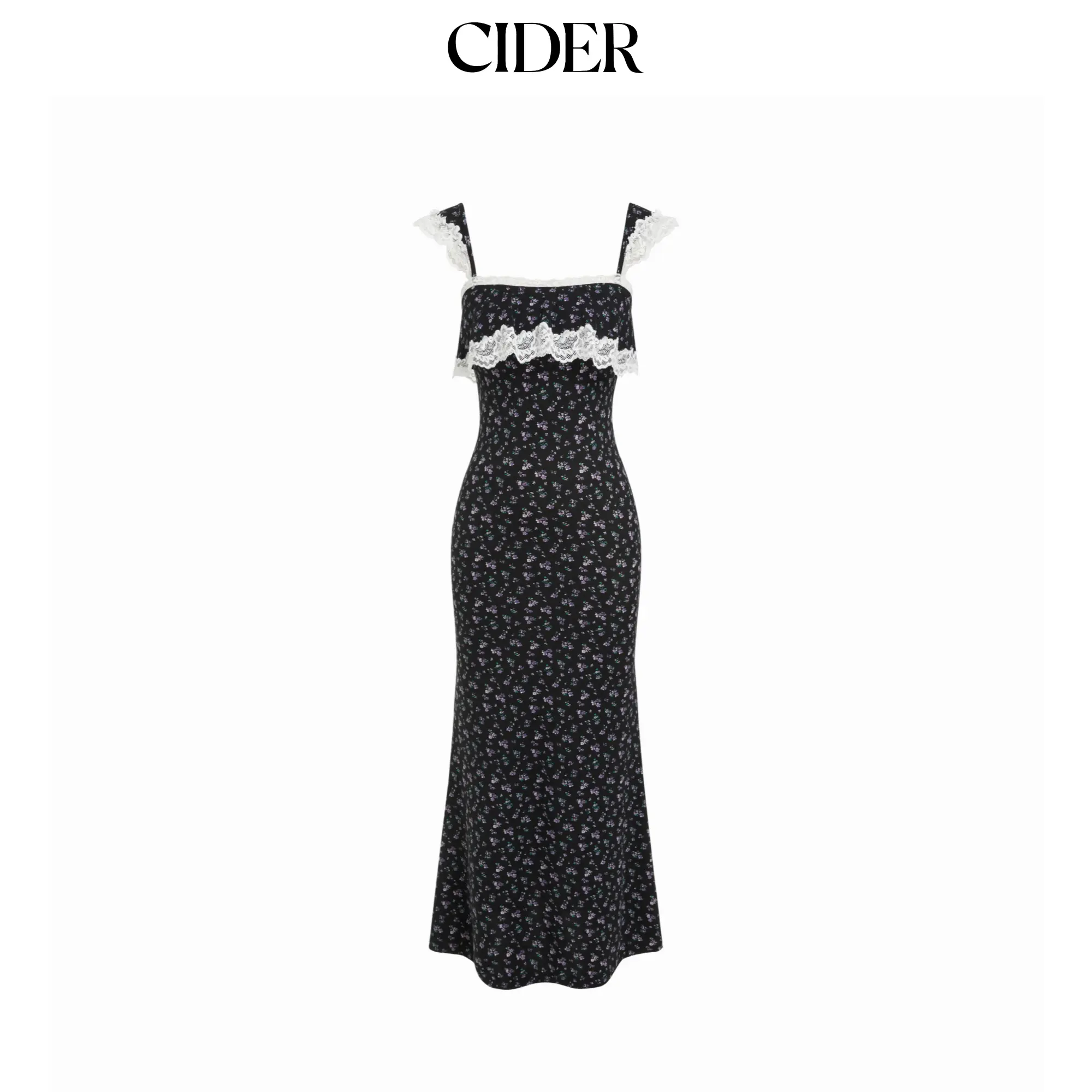 Cider Ditsy Floral Lace Panel Ruffled Sleeve Mermaid Maxi Dress