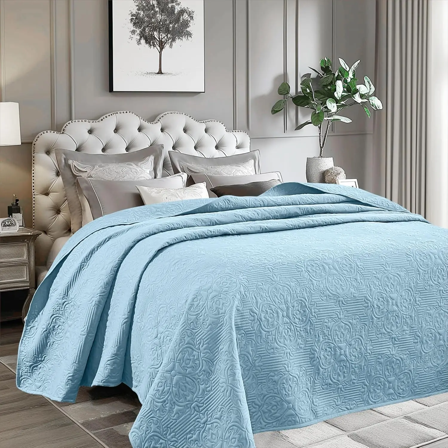 Bed Quilt Bedspread Coverlet - Reversible, Lightweight - King Size, Light Blue