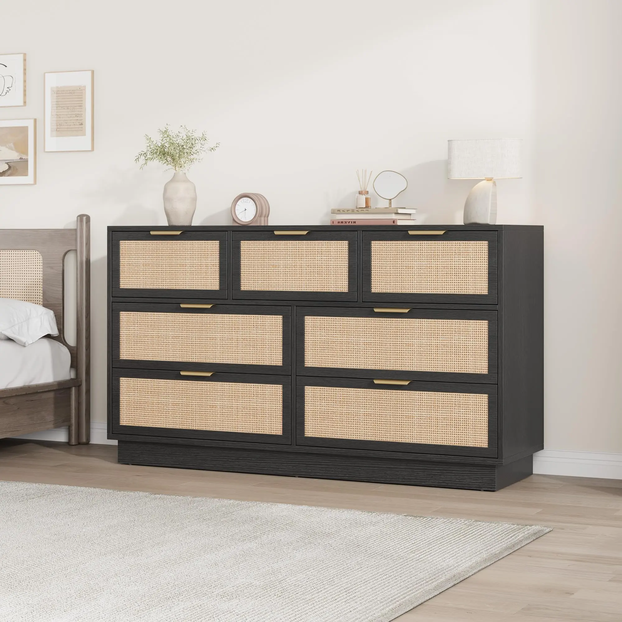Modern Boho 55" Wide 7-Drawer Rattan Dresser - Wooden Chest of Drawers with Woven Fronts, Metal Handles & Integrated Legs - Lightweight Storage Cabinet, Embossed Black/White