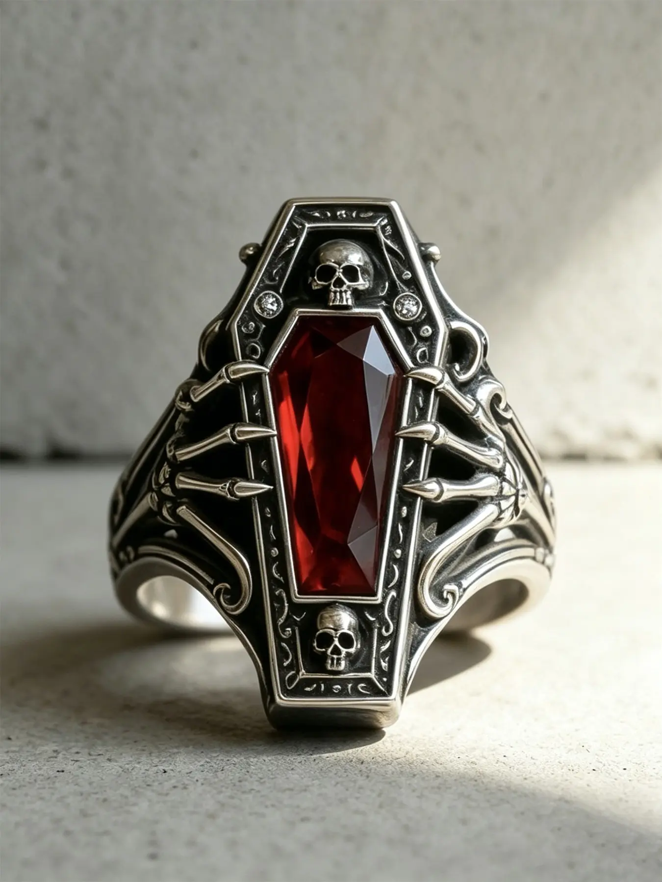 Gothic Skull Vampire Coffin Punk Metal Ring, Unisex Vintage Distressed Halloween Party Ring, Gothic Costume Jewelry for Men and Women, Dark Aesthetic Rings