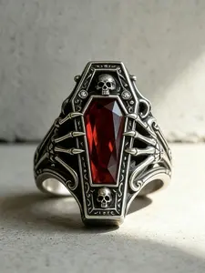 Gothic Skull Vampire Coffin Punk Metal Ring, Unisex Vintage Distressed Halloween Party Ring, Gothic Costume Jewelry for Men and Women
