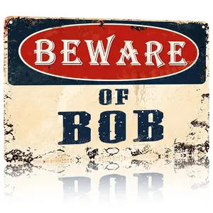 Retro Rustic Personalized Name Beware Aluminum Wall Sign 12×8in, Home Security Warning Decor Plaque for Gate Patio Barn Man Cave Indoor Outdoor Decoration