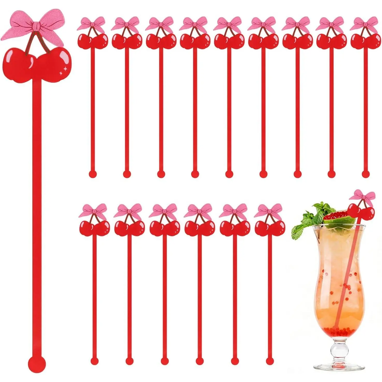 CCINEE 30Pcs Pink Bow Cherry Cocktail Swizzle Sticks, Coffee Drink Stirrers for Galentine Valentine Birthday Wedding Party Decorations