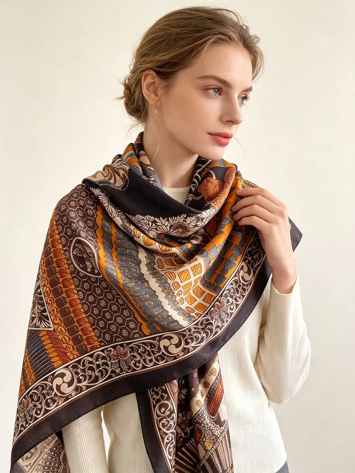 130cm Large Velvet Square Scarf for Women, Vintage Horse Print Shawl Wrap, Soft Warm Thick Blanket Scarf, Designer Style Travel Throw